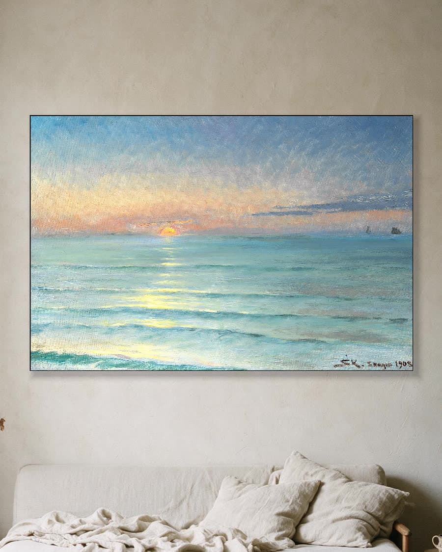 Zonsondergang op het noordstrand van Skagen in een aluminium frame aan dezelfde muur
