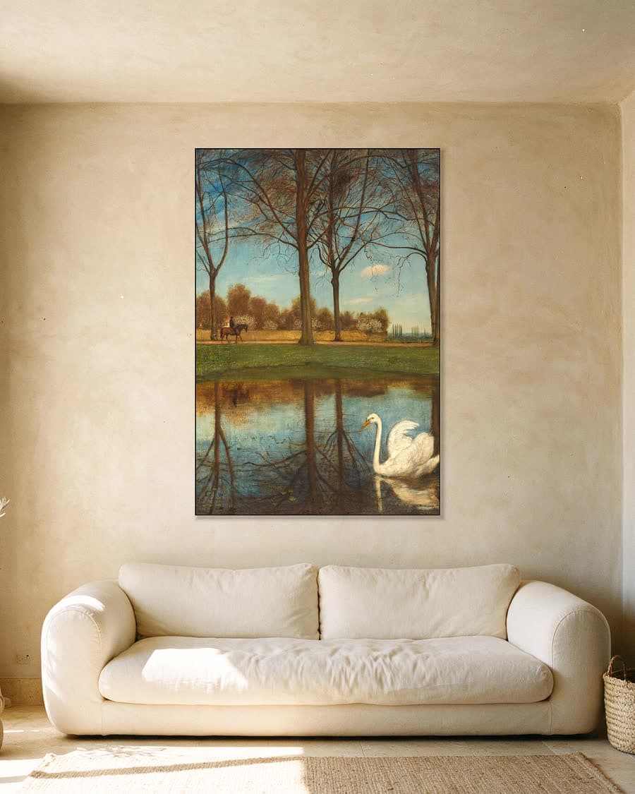 Zwaan in de vijver in een aluminium frame aan dezelfde muur
