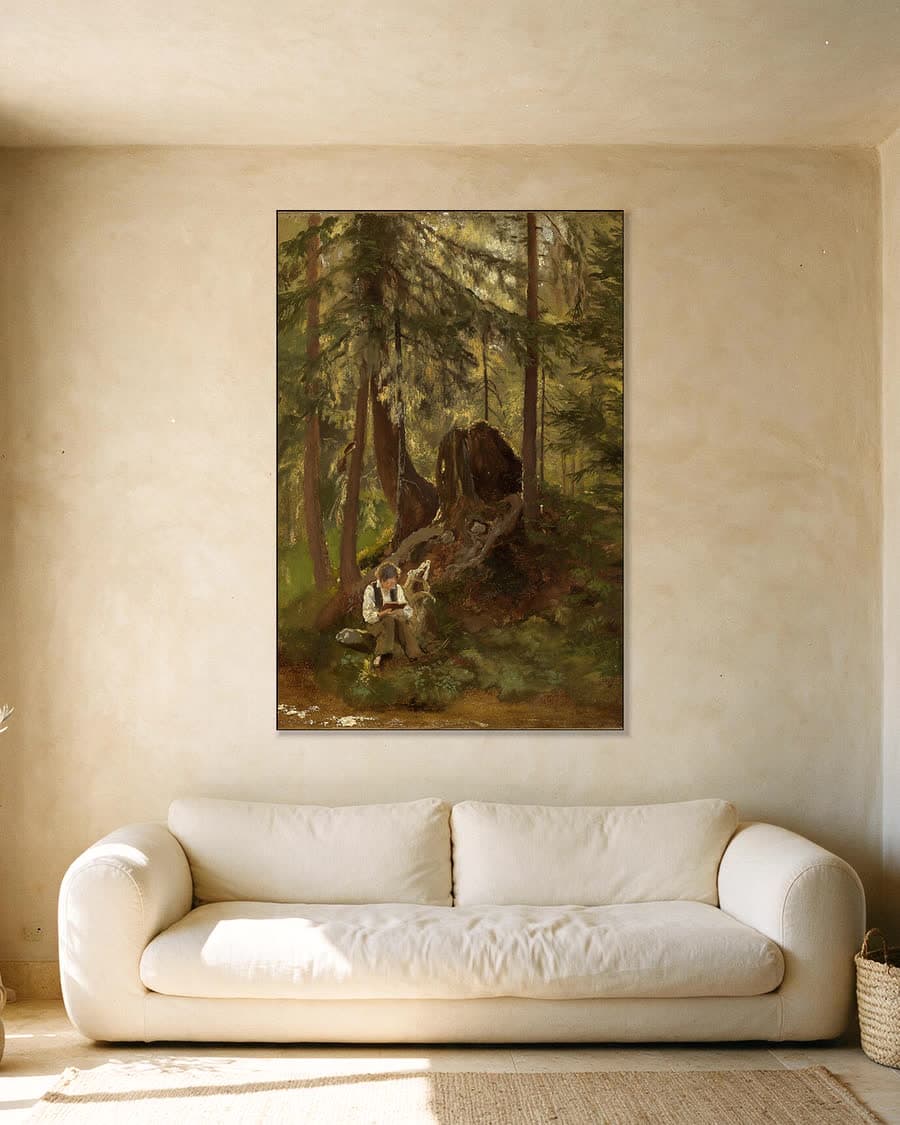 Lezende jongen in het bos in een aluminium frame aan dezelfde muur