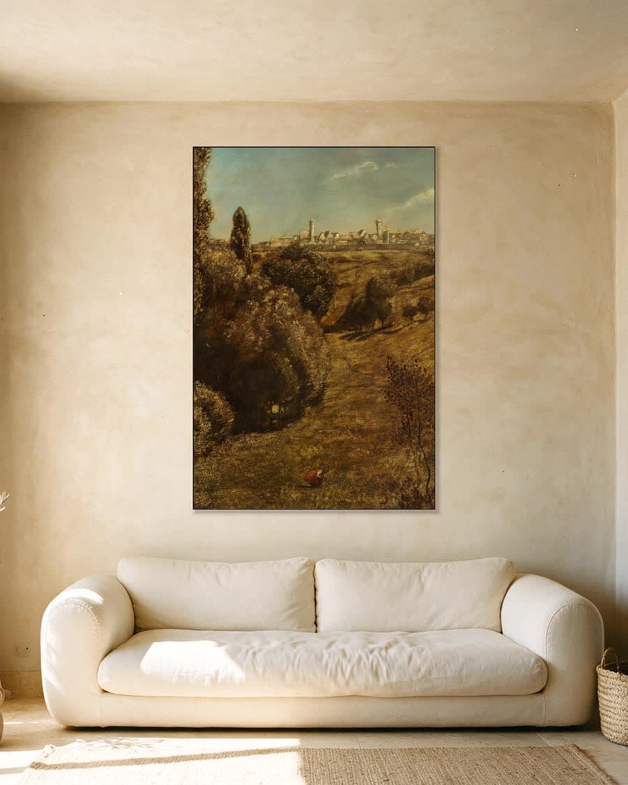 Stadsgezicht vanuit de heuvels in een aluminium frame aan dezelfde muur