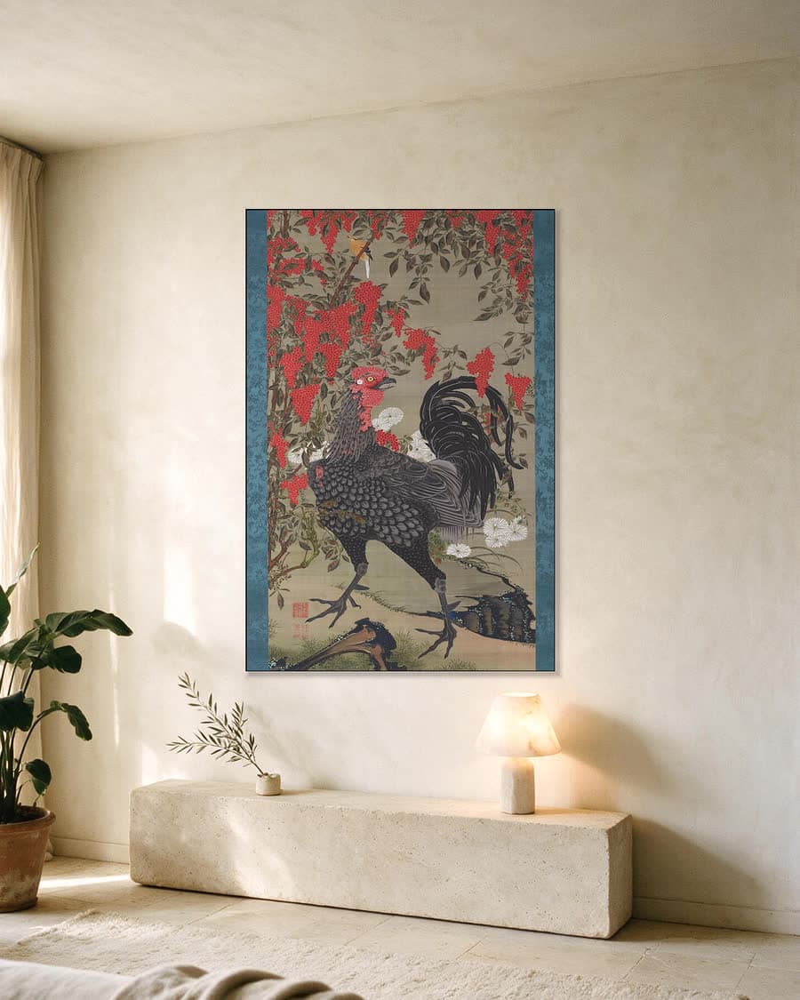 Zwarte haan en nandina in een aluminium frame aan dezelfde muur