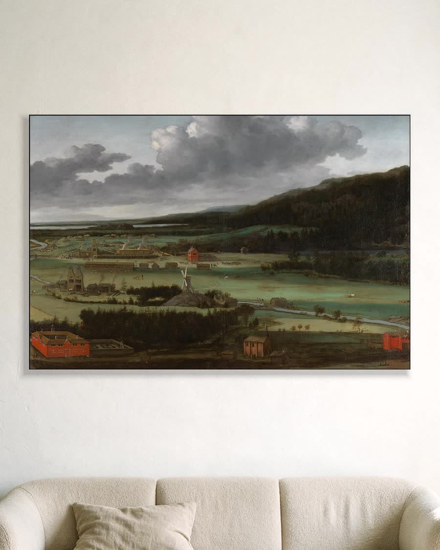 De geschutgieterij van Hendrik Trip in Julita Bruk in Zweden in een aluminium frame aan dezelfde muur