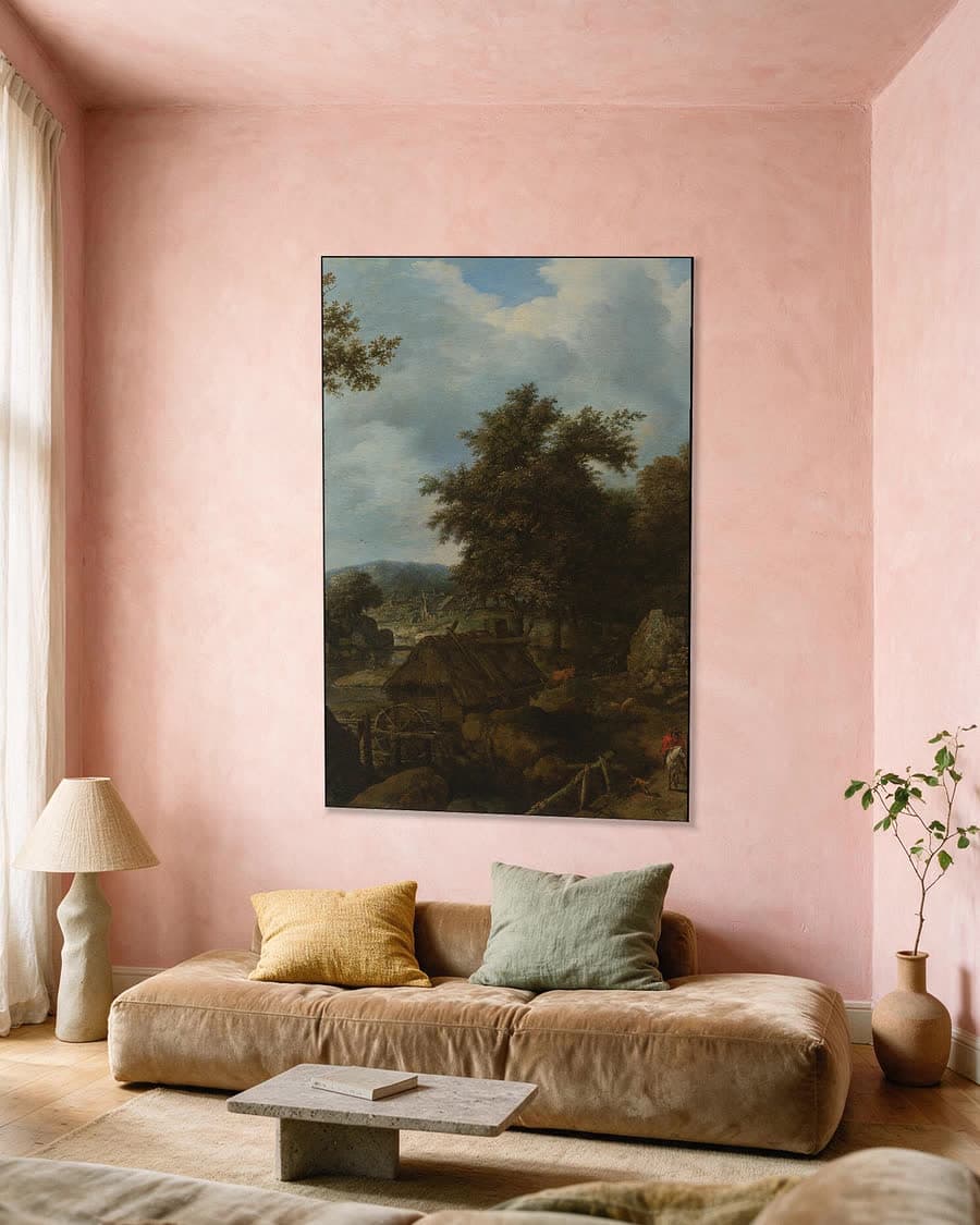 Zweeds landschap met een watermolen in een aluminium frame aan dezelfde muur