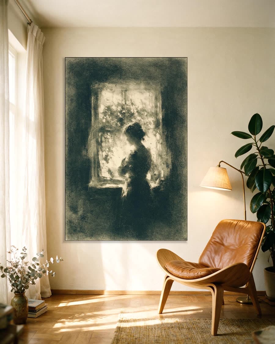 Vrouw bij het raam in een aluminium frame aan dezelfde muur