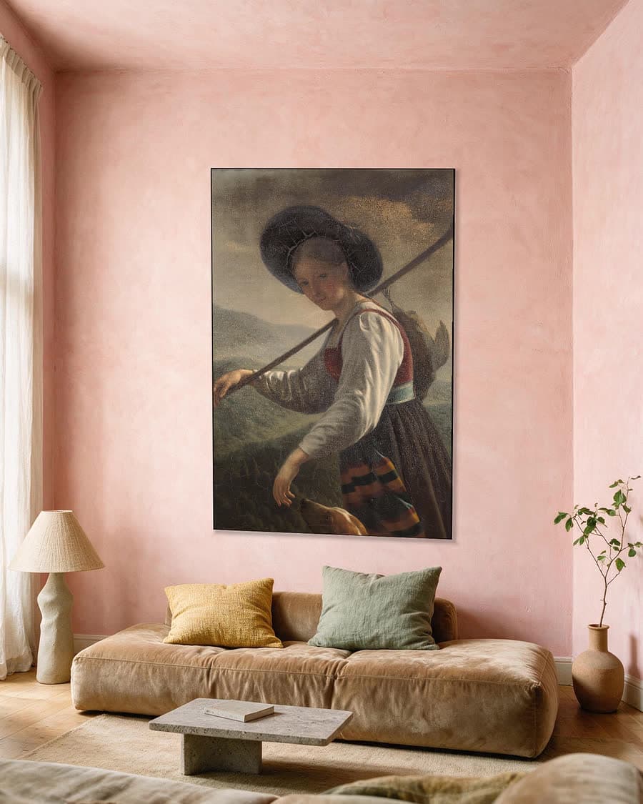 Zwitserse boerin in een aluminium frame aan dezelfde muur