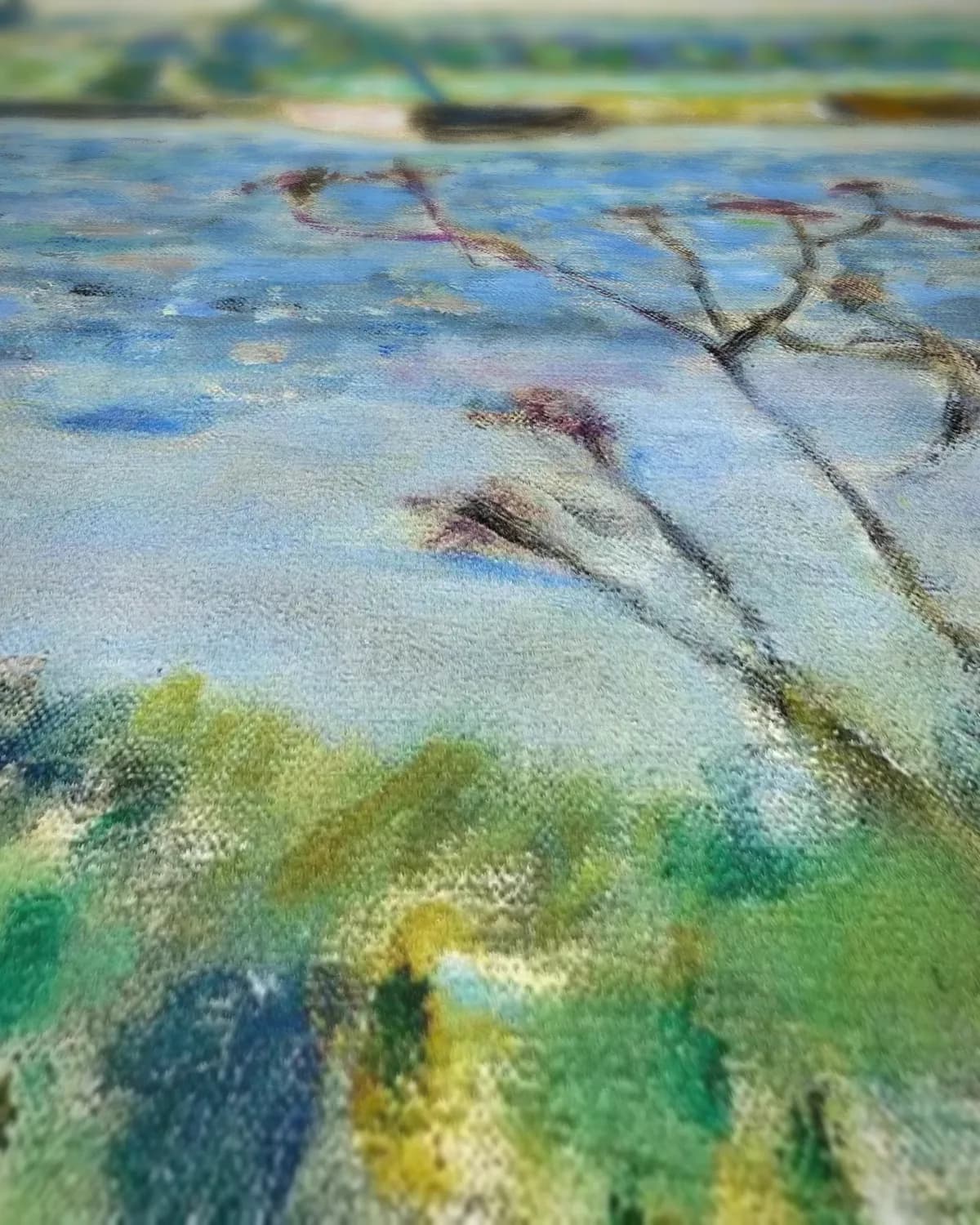 Blauwe ochtend aan de rivier op geweven fluweel, uitsnede 1 van 3