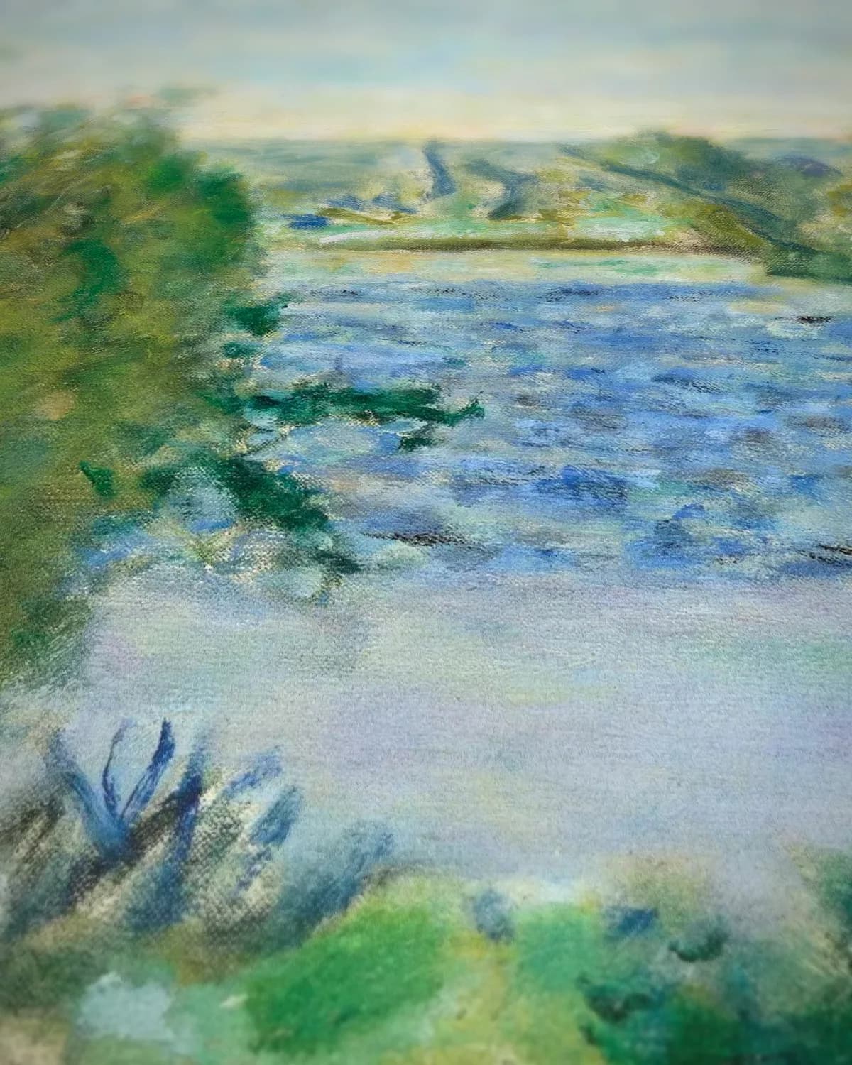 Blauwe ochtend aan de rivier op geweven fluweel, uitsnede 3 van 3