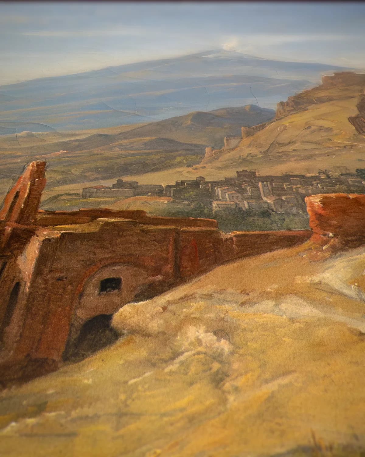 Het antieke theater van Taormina met uitzicht op de Etna op geweven fluweel, uitsnede 3 van 3