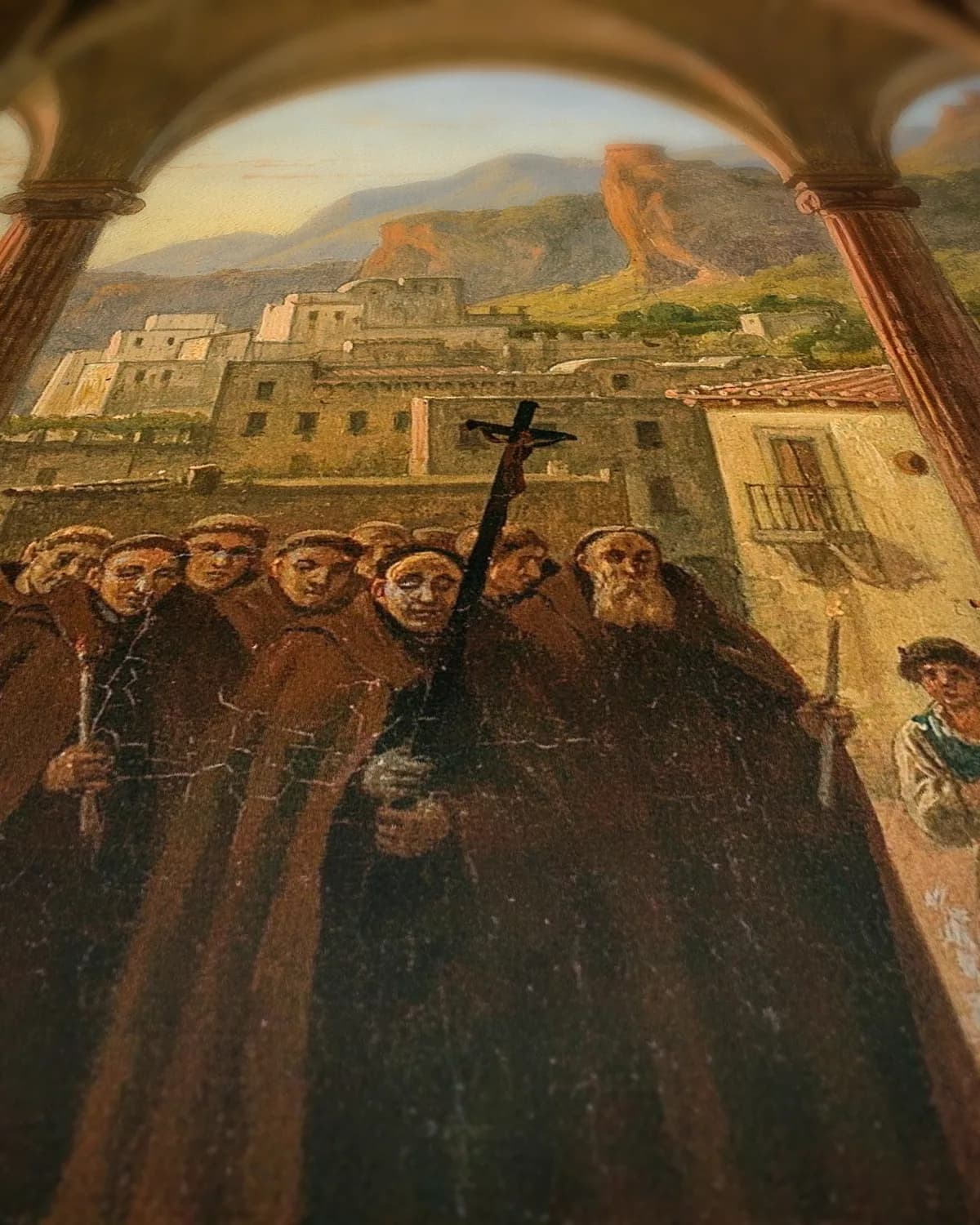 Uitzicht op Amalfi vanuit de voorhal van de kathedraal op geweven fluweel, uitsnede 3 van 3