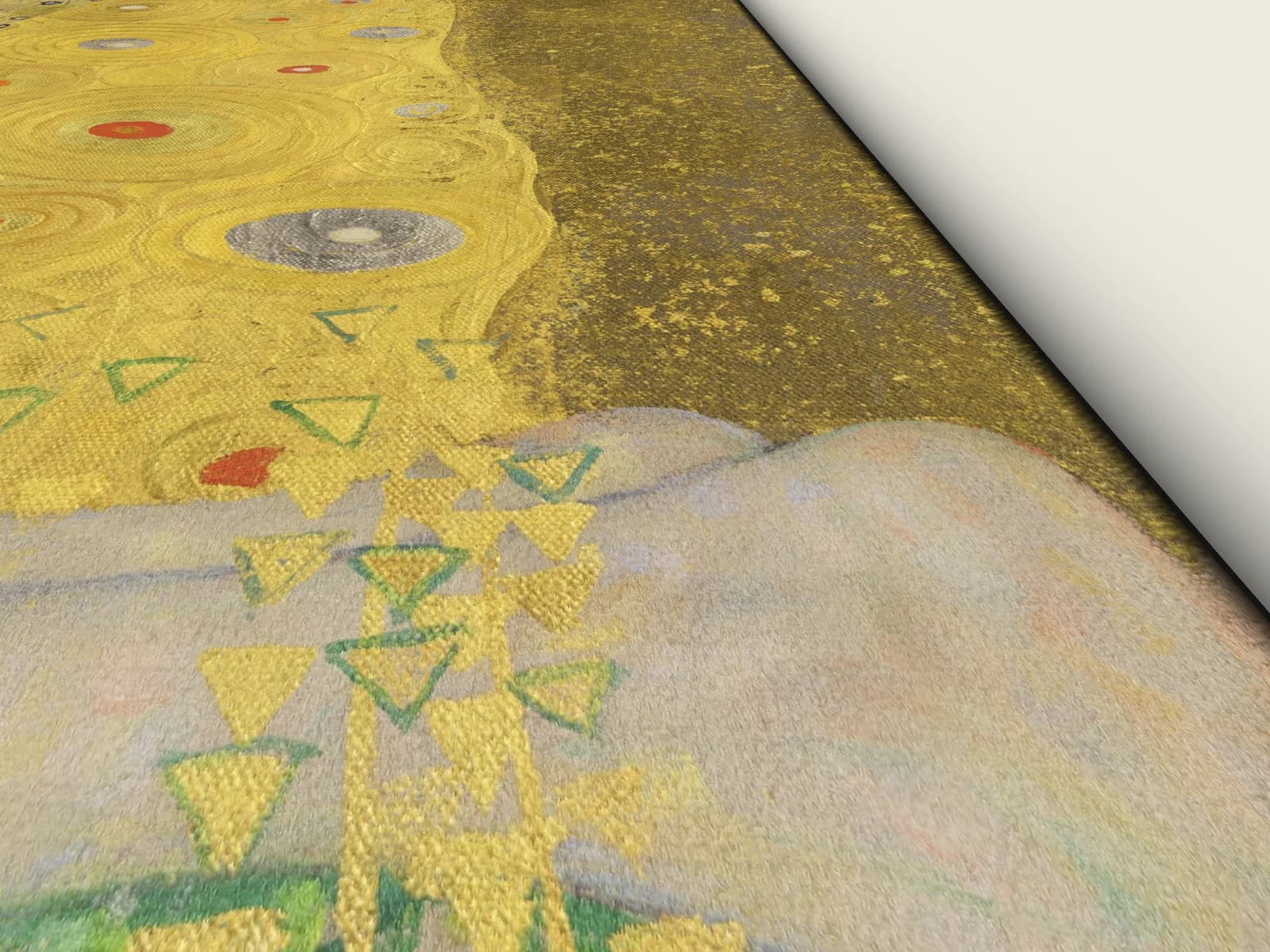 De Kus van Gustav Klimt op geweven fluweel, schuin van dichtbij gezien