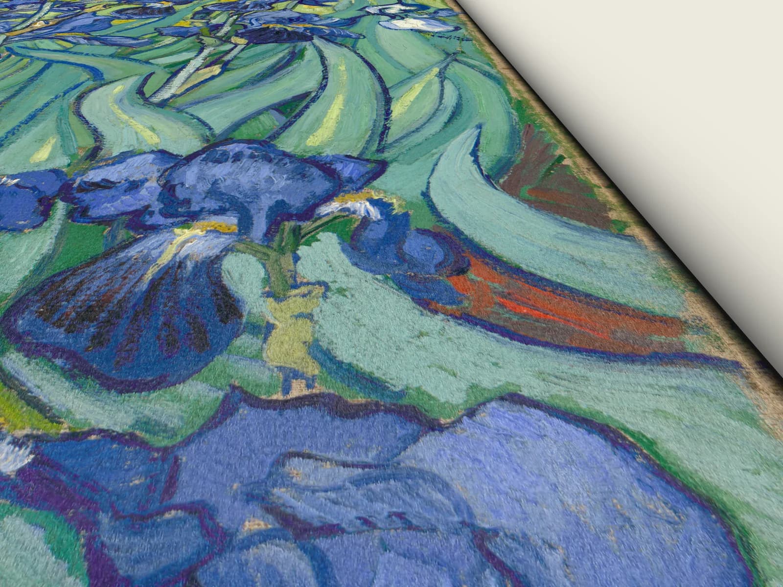 Irissen van Vincent van Gogh op geweven fluweel, schuin van dichtbij gezien