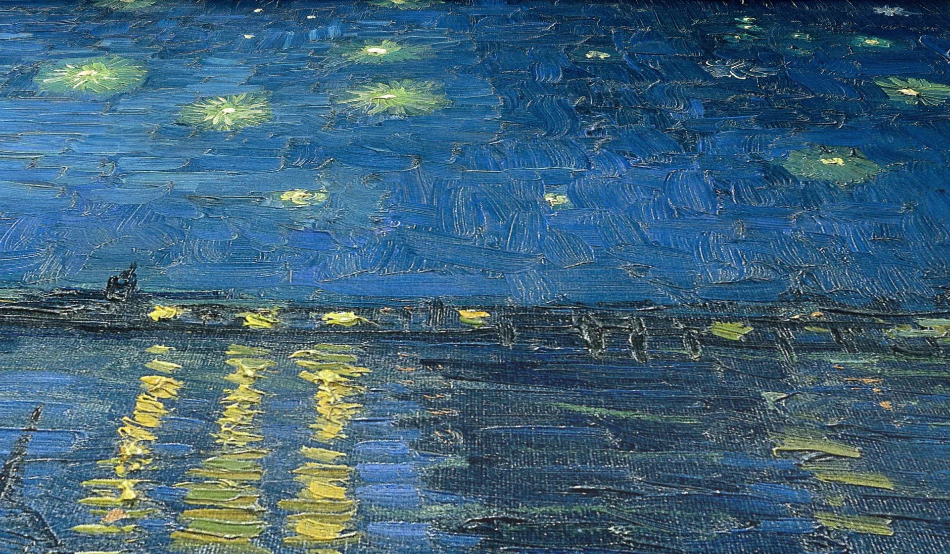 Sterrennacht boven de Rhône van Vincent van Gogh op geweven fluweel, van dichtbij
