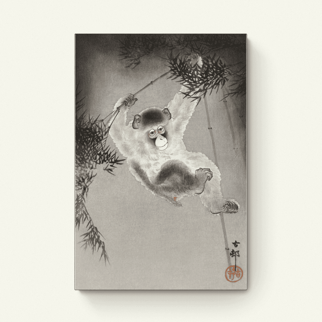 Aap, hangend aan bamboetak – Ohara Koson