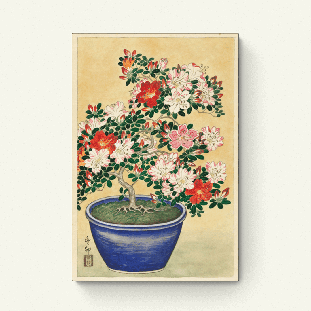 Bloeiende azalea in blauwe pot – Ohara Koson