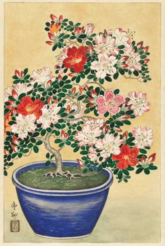 Bloeiende azalea in blauwe pot – Ohara Koson