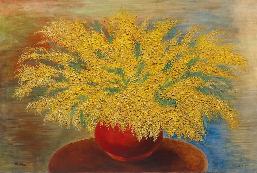 Boeket mimosas in rode pot – Moïse Kisling