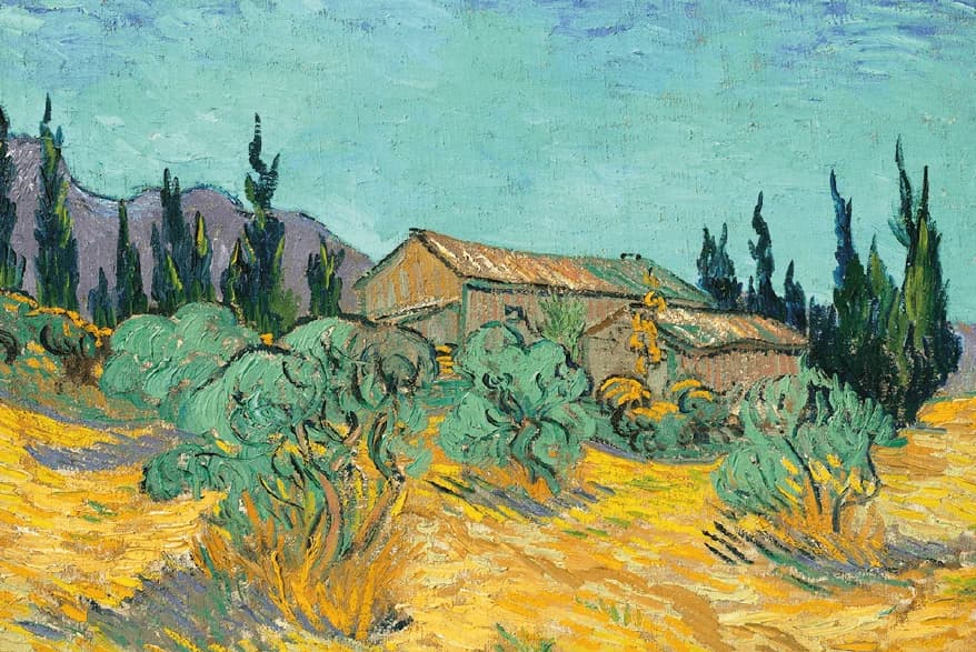 Cabanes de bois parmi les oliviers et cyprès – Vincent van Gogh
