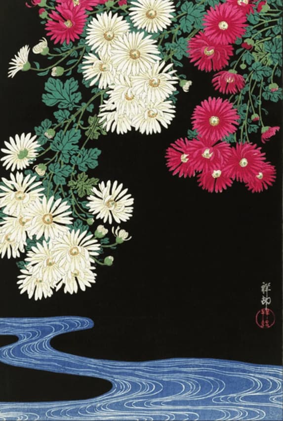 Chrysanten en stromend water – Ohara Koson