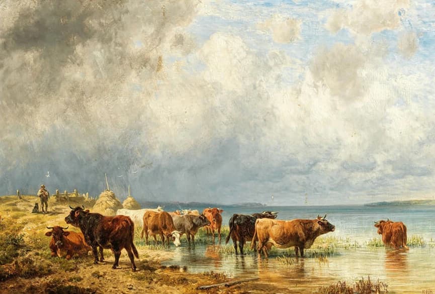 Een kudde vee bij een meer (1872) – Friedrich Voltz