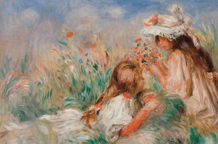 Fillette couchée sur l'herbe et jeune fille arrangeant un bouquet – Pierre-Auguste Renoir