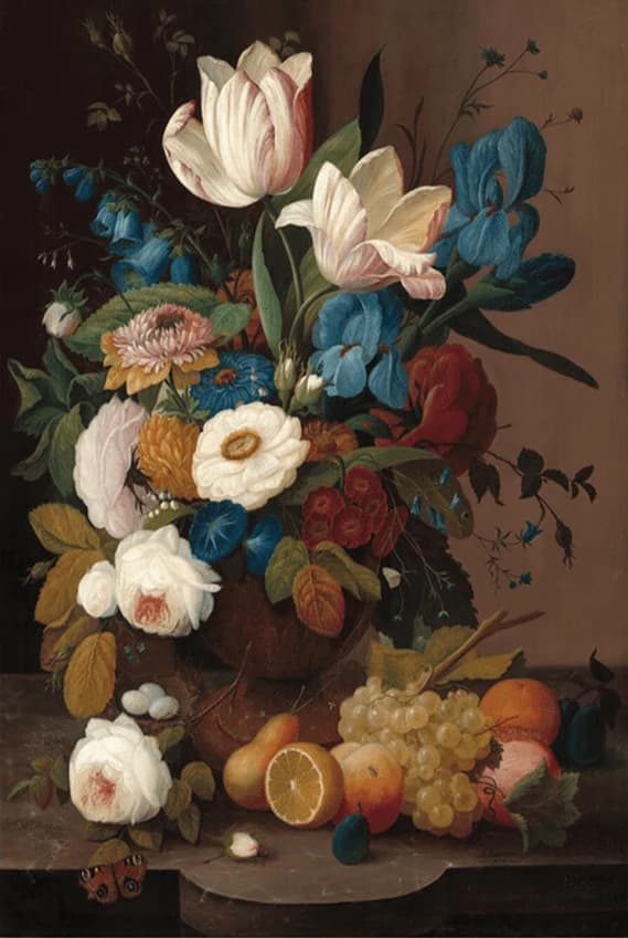 Stilleven met bloemen en fruit – Severin Roesen