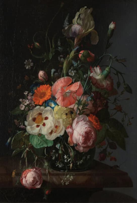 Stilleven met bloemen in een glazen vaas – Rachel Ruysch