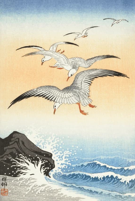 Vijf zilvermeeuwen boven een turbulente zee – Ohara Koson