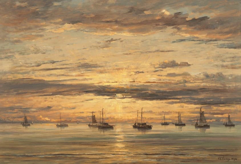 Zonsondergang bij Scheveningen: Een Vloot van Vissersschepen voor Anker – Hendrik Willem Mesdag