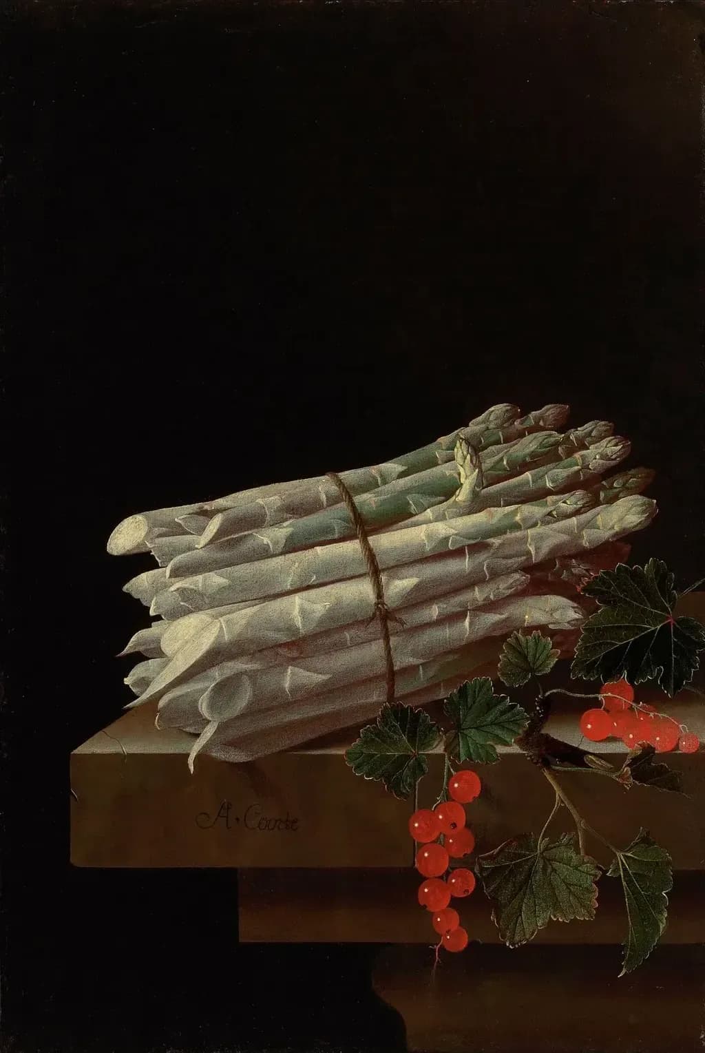 Asperges en rode aalbessen op een sokkel – Adriaen Coorte