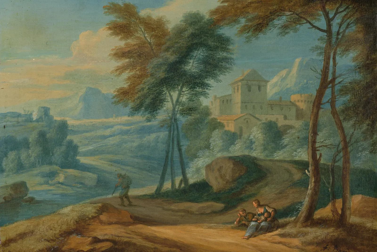 Beboste italianiserende landschap met figuren – Boudewijns