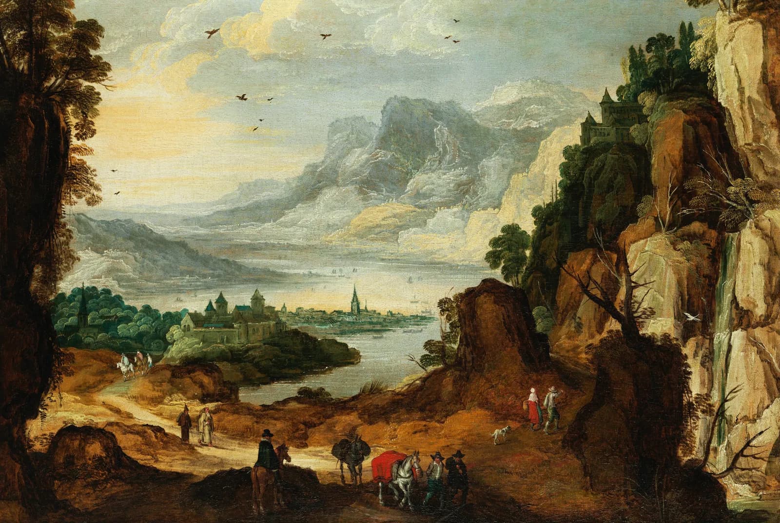 Berglandschap met rivier en stad – Hans Thoma