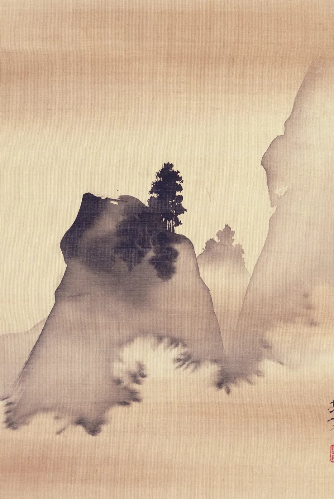Bergtoppen in de mist met dennen – Suzuki Kiitsu