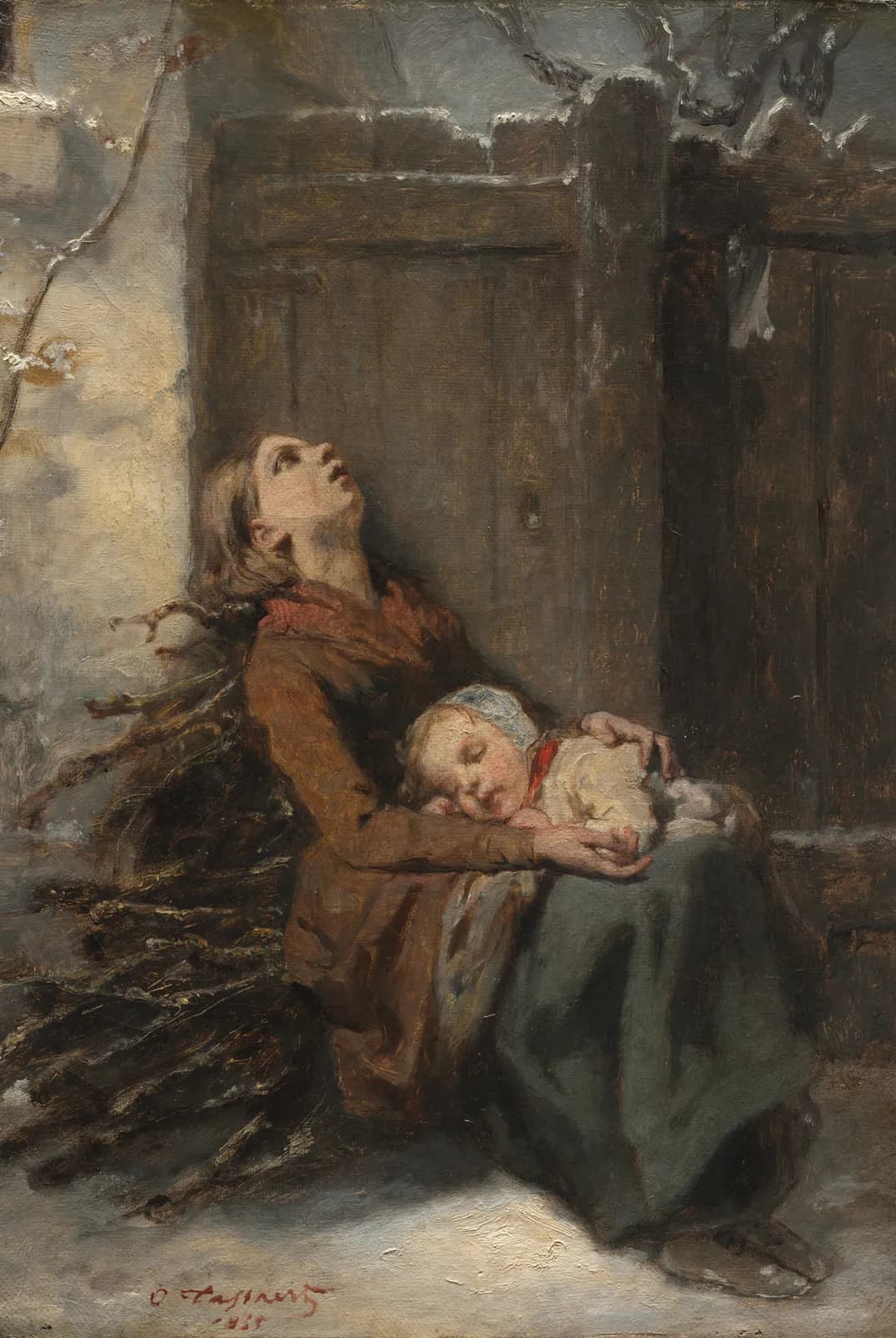 Berooide gestorven moeder met haar slapende kind in de winter – Octave Tassaert