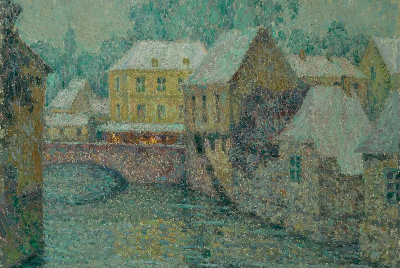 Besneeuwd dorp aan het water – Henri Le Sidaner