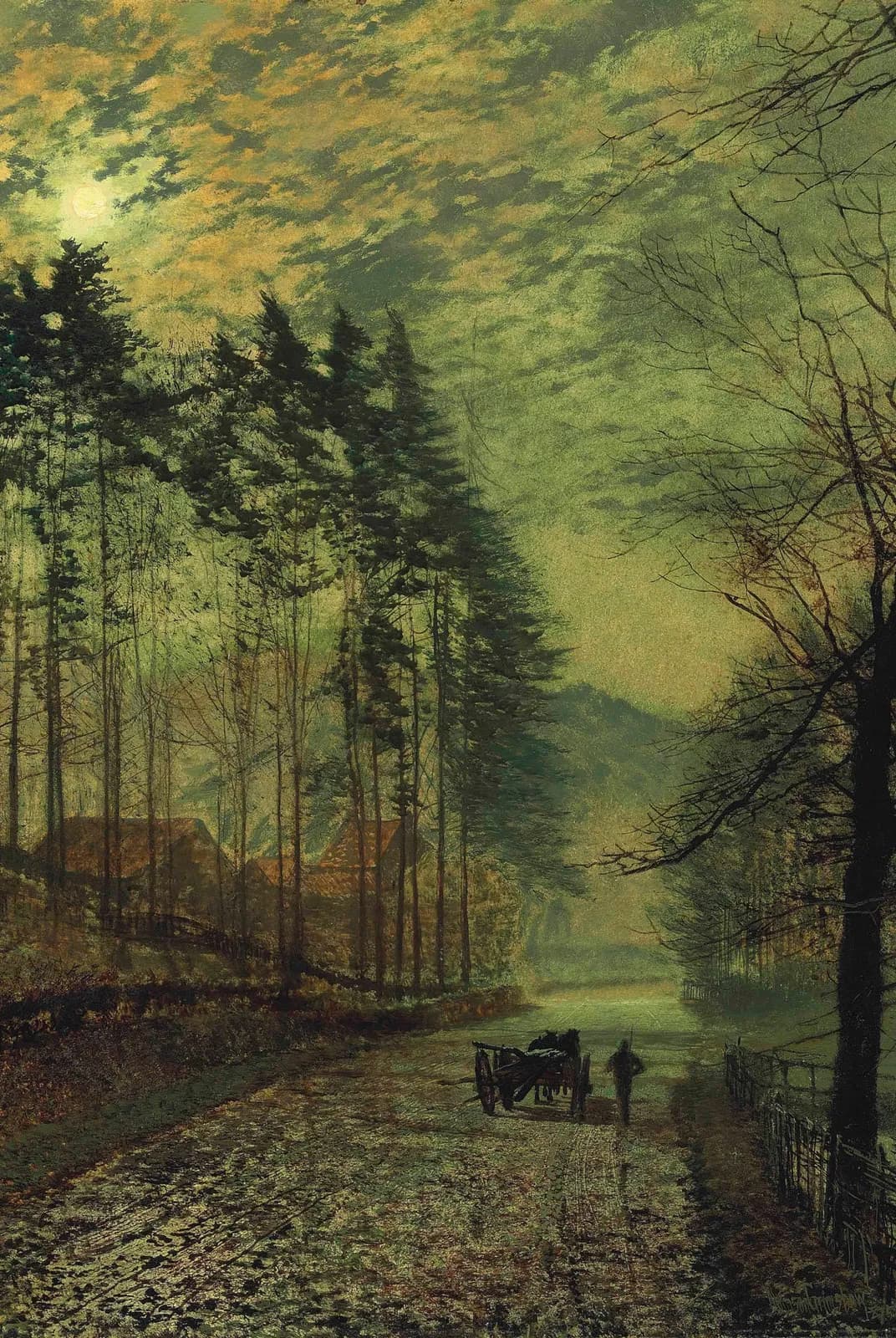 Bij Hackness, maanlicht tussen de dennen – John Atkinson Grimshaw