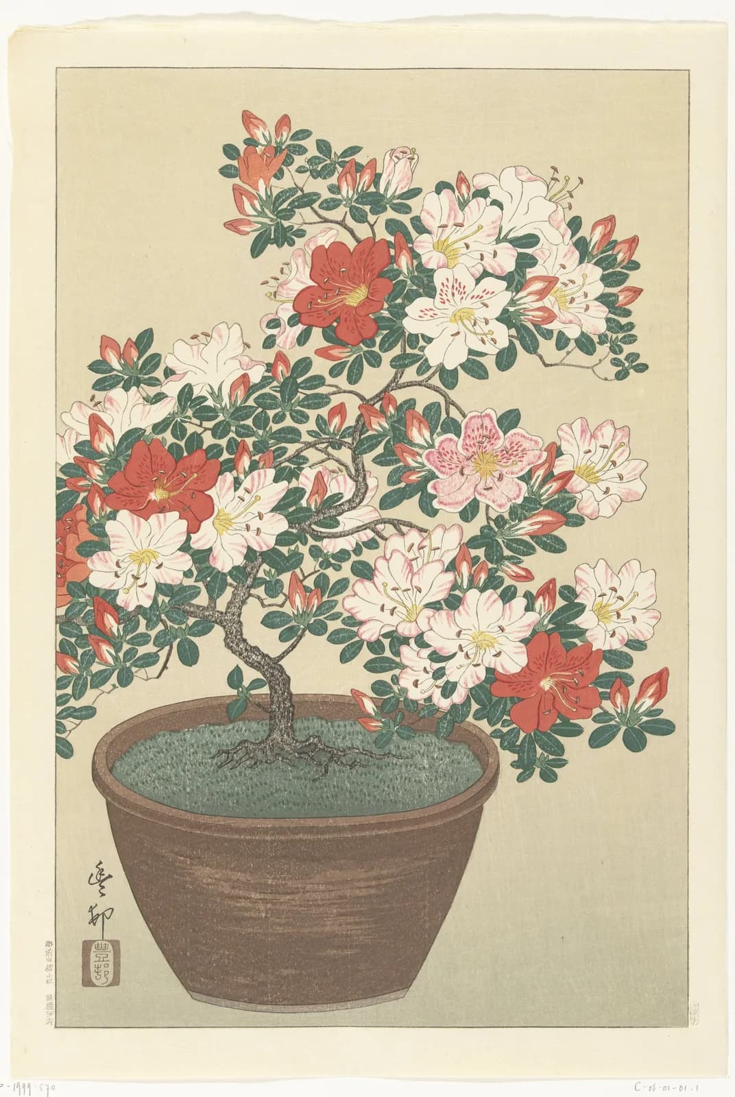Bloeiende azalea in bruine pot – Ohara Koson