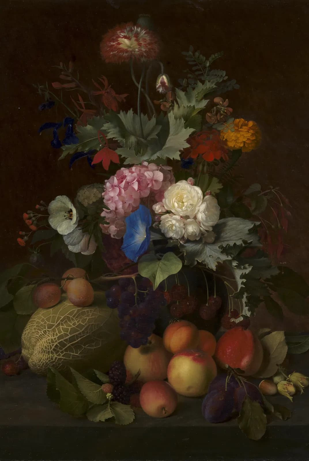 Bloemen en fruit in een vaas – Jan van Os