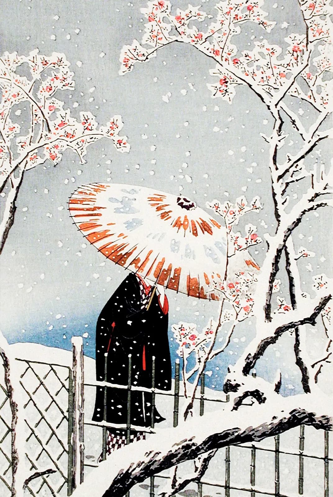 Bloesemboom in de sneeuw met paraplu – Takahashi Hiroaki