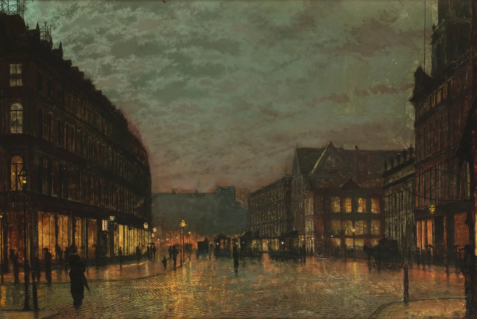 Boar Lane in Leeds bij lamplicht – John Atkinson Grimshaw