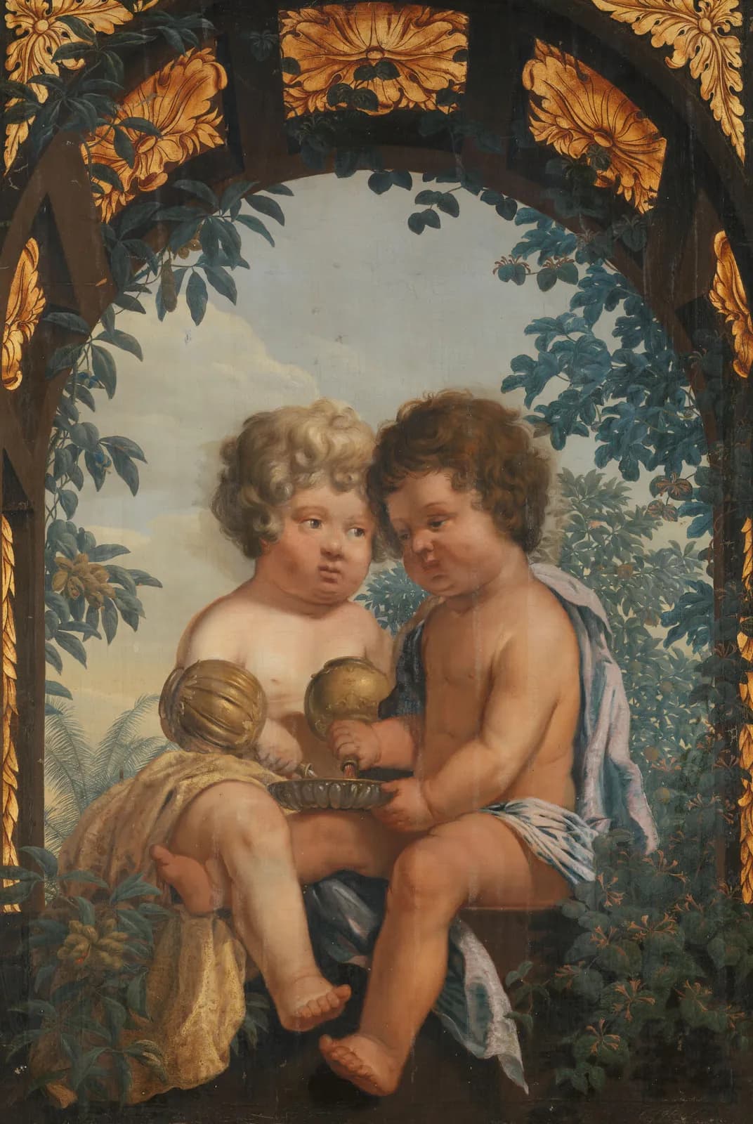Christelijke allegorie met twee kinderen die elk een karaf vasthouden