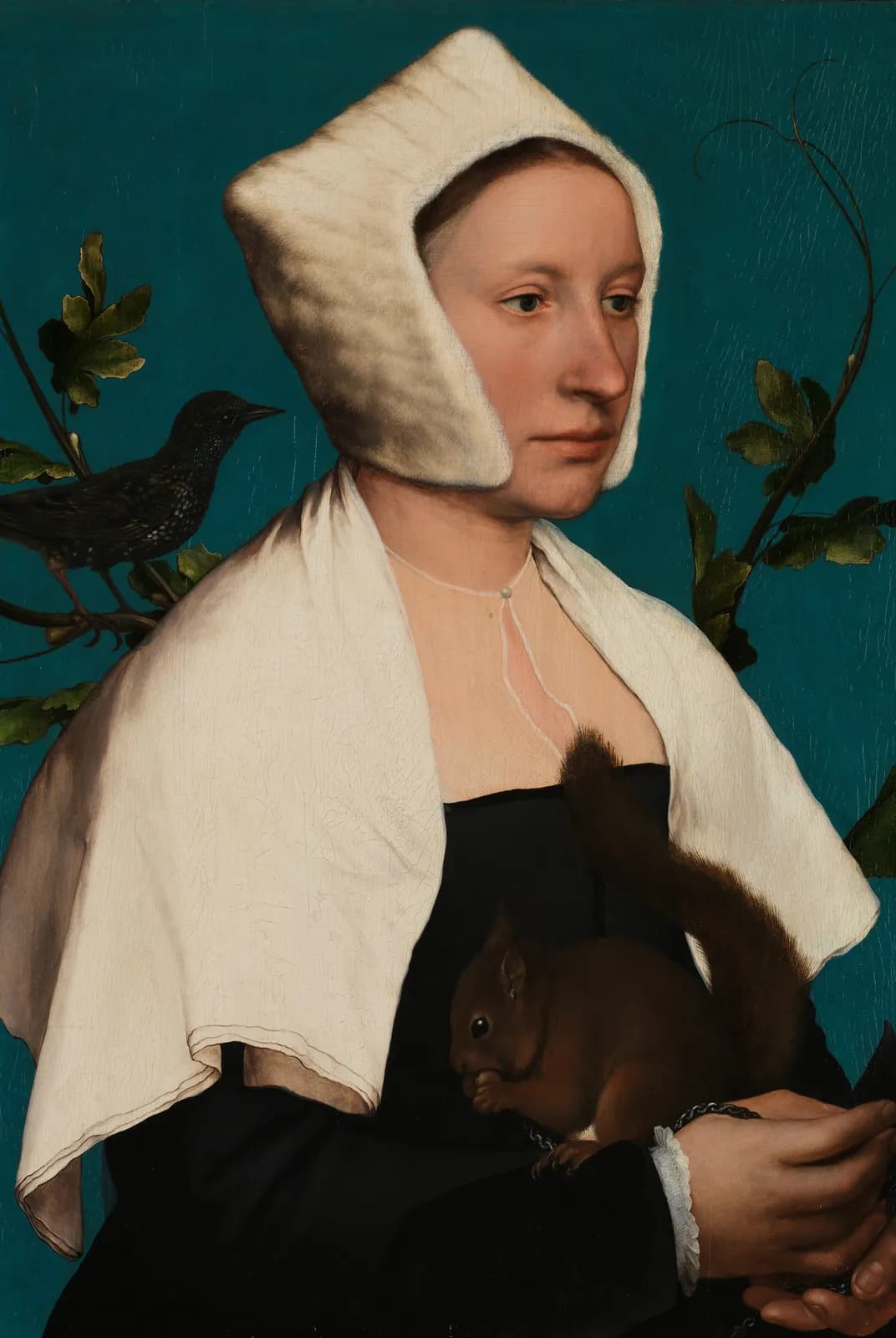 Dame met eekhoorn en spreeuw – Hans Holbein de Jongere