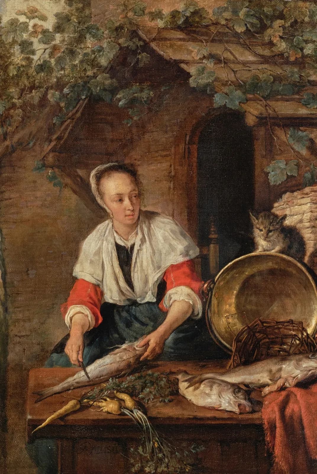 Dienstmeid maakt vis schoon voor het huis – Gabriel Metsu