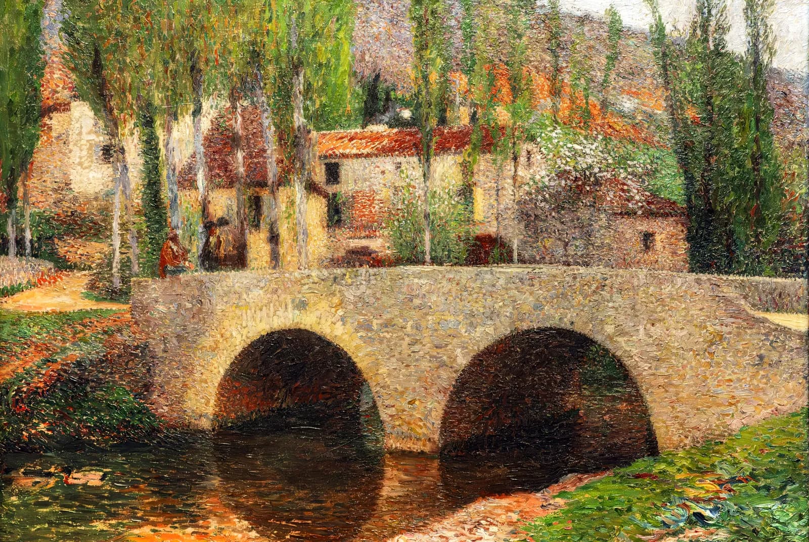 Dorpsgezicht met stenen brug – Henri Martin