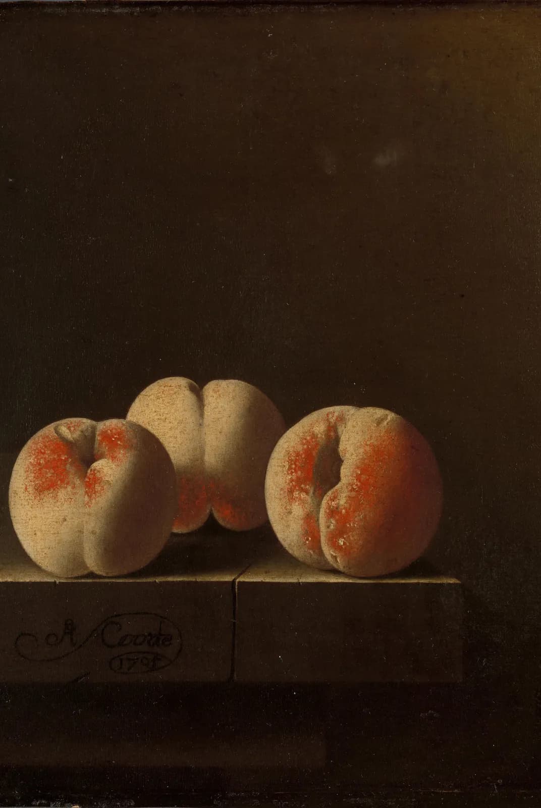 Drie perziken op een stenen plint – Adriaen Coorte