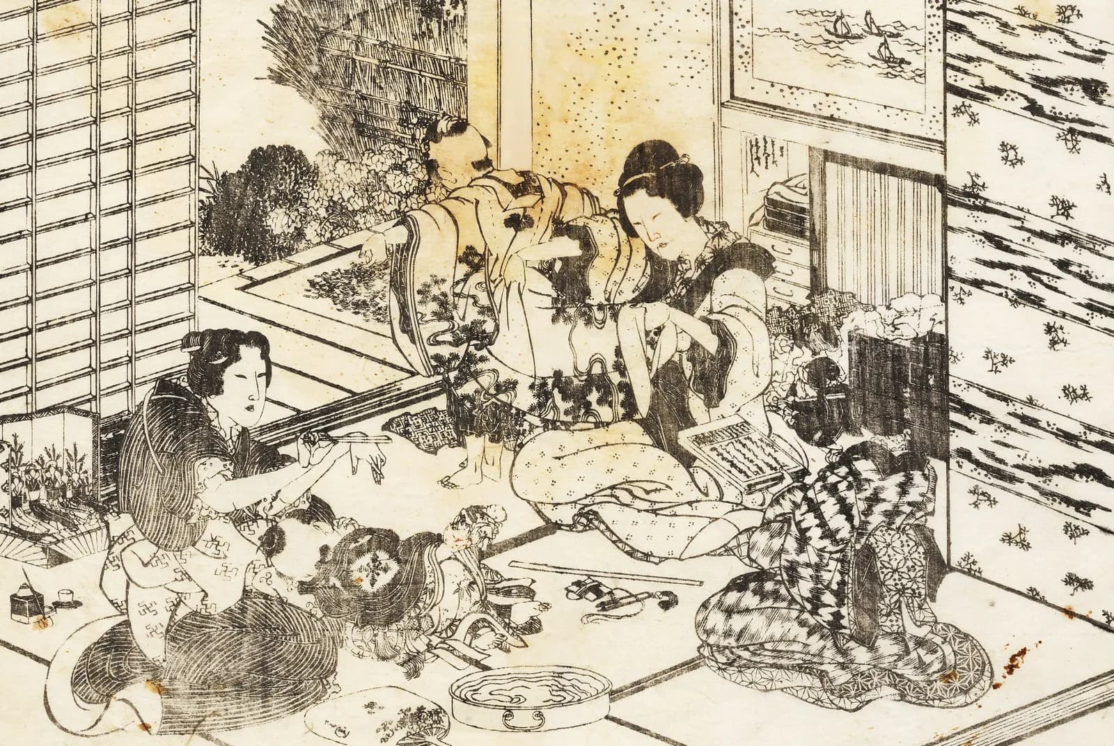 Drie vrouwen en twee kinderen – Katsushika Hokusai