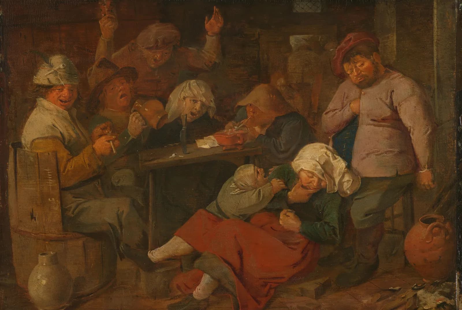 Drinkende armoedzaaiers in een herberg – Adriaen Brouwer