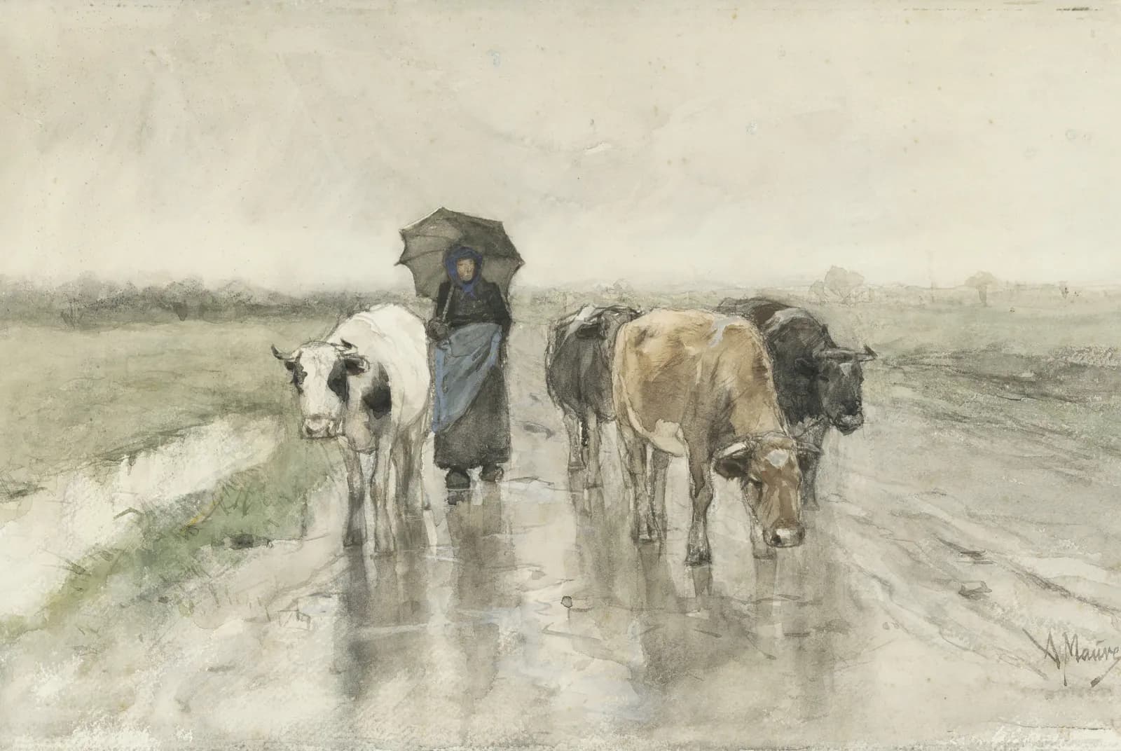 Een boerin met koeien op een landweg in de regen – Anton Mauve