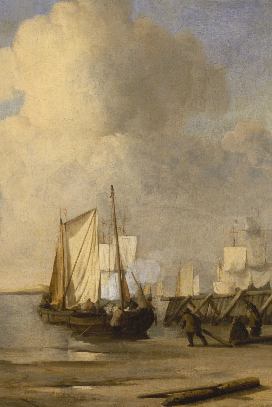 Een kaag komt aan land bij een strekdam – Willem van de Velde
