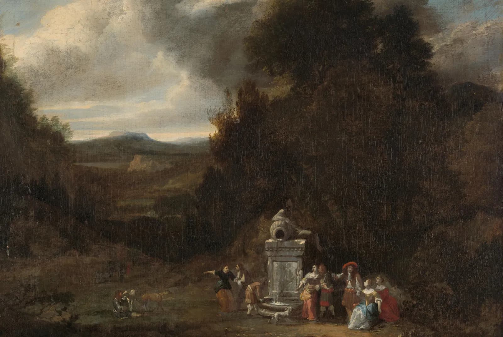 Elegant gezelschap bij een antieke fontein in een open plek