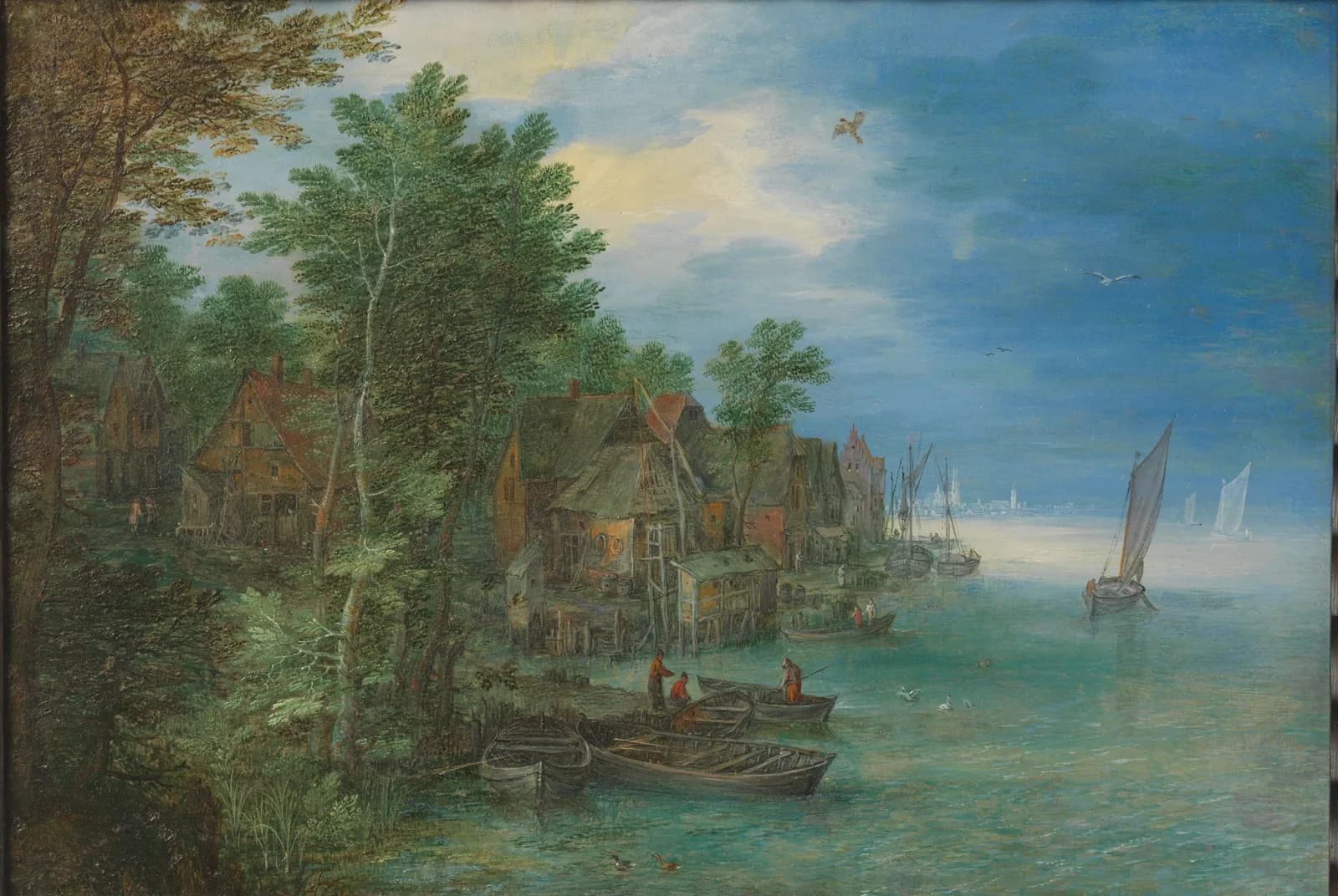 Gezicht op een dorp aan een rivier – Breugel